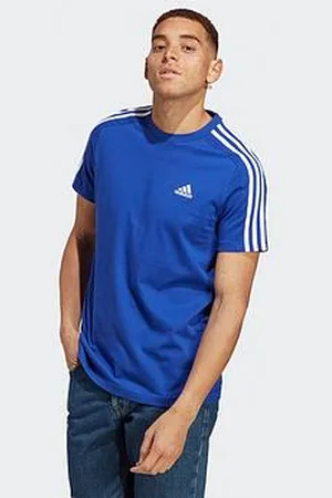 adidas Mens Essentials 3 Stripe Short Sleeve T-Shirt - Blue
