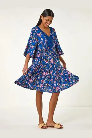 Roman Floral Print Lace Detail Smock Dress