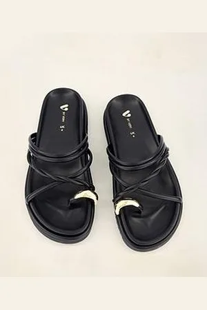 Very Chunky Strappy Flat Sandal With Metal Embellishment