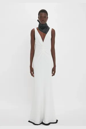 Victoria Beckham Exclusive V-Neck Gathered Waist Floor-Length Gown In Ivory 12