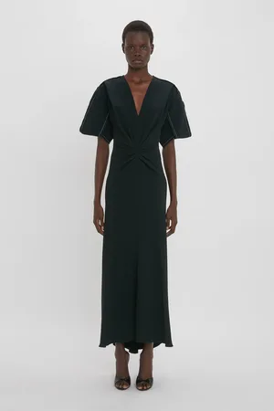 Victoria Beckham Gathered V-Neck Midi Dress In 6