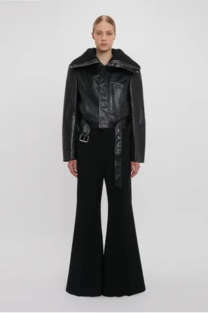 Victoria Beckham Cropped Belted Leather Biker Jacket In Black 4