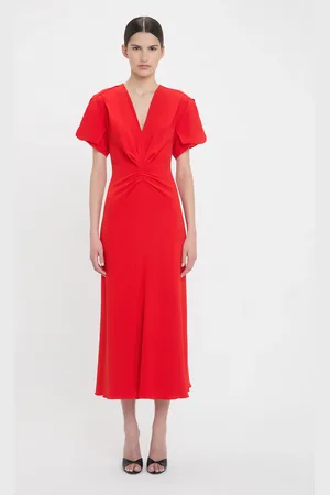 Victoria Beckham Gathered V-Neck Midi Dress In Tomato 6
