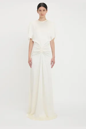 Victoria Beckham Gathered Waist Floor-Length Dress In Ivory 10
