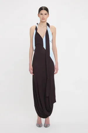 Victoria Beckham Twisted Halter Strap Jersey Dress In Ebony-Iceberg 4