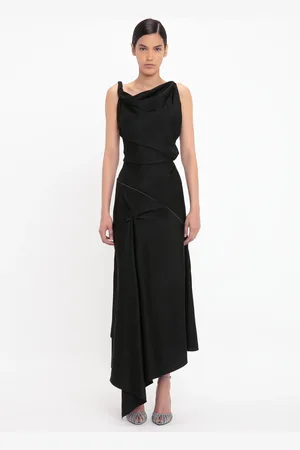 Victoria Beckham Asymmetric Draped Midi Dress In 8