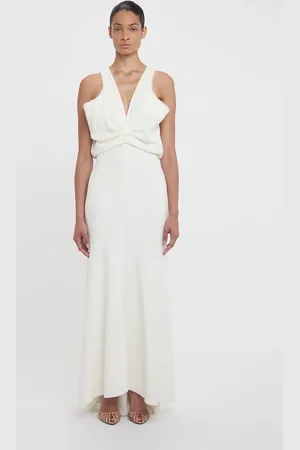 Victoria Beckham Draped Armhole Detail V-Neck Gown In Ivory 6