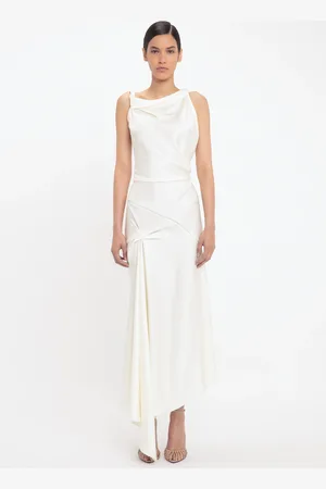 Victoria Beckham Asymmetric Draped Midi Dress In Ivory 6