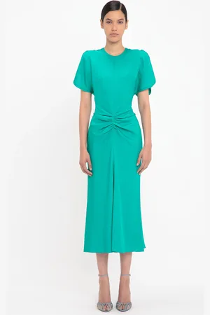 Victoria Beckham Gathered Waist Midi Dress In Peacock 16