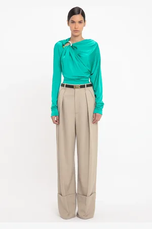 Victoria Beckham Long Sleeve Draped Jersey Top In Peacock 14