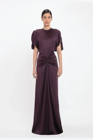 Victoria Beckham Gathered Waist Floor-Length Dress In Fig 8