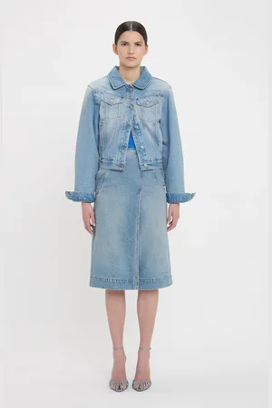 Victoria Beckham Padded Denim Jacket In Pale Blue Wash 6
