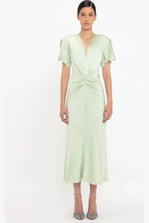Victoria Beckham Gathered V-Neck Midi Dress In Jade 12