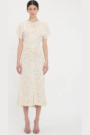 Victoria Beckham Gathered Waist Midi Dress In Floral Ovation Peach 4
