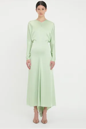 Victoria Beckham Long Sleeve Draped Midi Dress In Jade 4