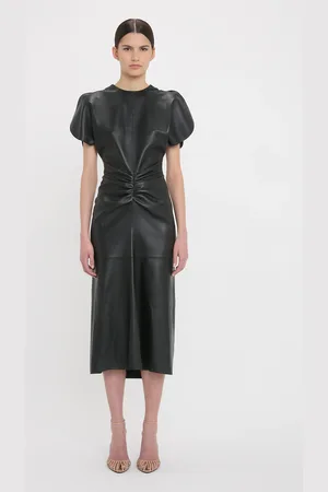 Victoria Beckham Gathered Waist Midi Dress In Soft Leather 6