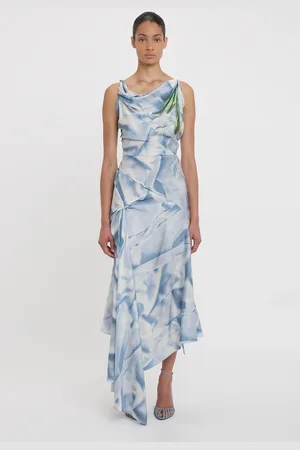 Victoria Beckham Asymmetric Draped Midi Dress In Ice Blue Satin Flowers 4