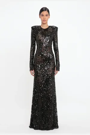 Victoria Beckham Long Sleeve Backless Sequin Gown In 8