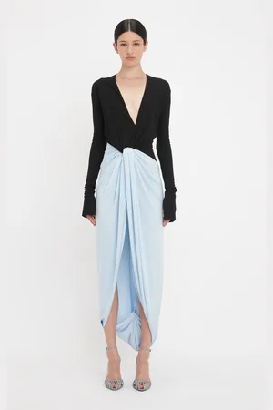 Victoria Beckham Long Sleeve Knot Detail Jersey Gown In Black-Iceberg 8