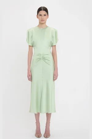 Victoria Beckham Gathered Waist Midi Dress In Jade 10