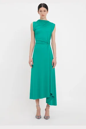 Victoria Beckham Asymmetric Drape Midi Dress In Peacock 14