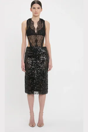 Victoria Beckham Sheer Sequin Pencil Skirt In Black 14