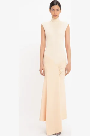 Victoria Beckham Cap Sleeve Knit Detail Midi In Pale Peach 14