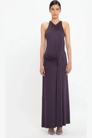 Victoria Beckham Sleeveless Drape Front Gown In Fig 12