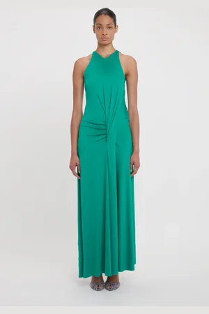 Victoria Beckham Sleeveless Drape Front Gown In Peacock 16