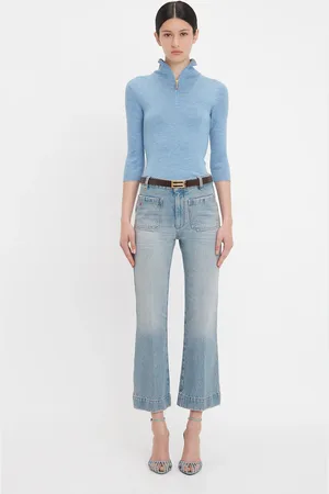 Victoria Beckham Half Zip Short Sleeve Knitted Top In Bluebell L