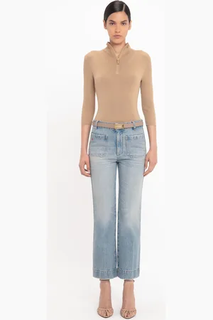 Victoria Beckham Half Zip Short Sleeve Knitted Top In Sandstorm L