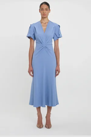 Victoria Beckham Gathered V-Neck Midi Dress In Bluebell 6