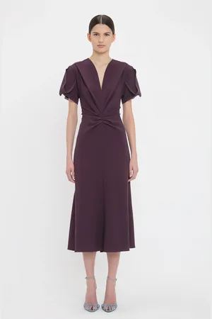 Victoria Beckham Gathered V-Neck Midi Dress In Fig 12