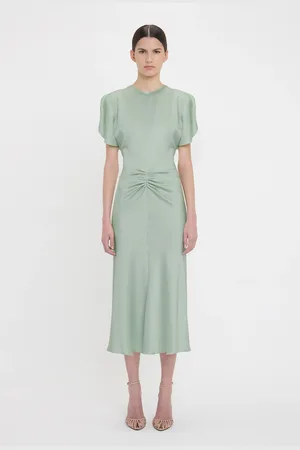 Victoria Beckham Gathered Waist Midi Dress In Wasabi 16