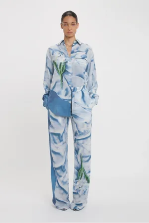 Victoria Beckham Pleat Detail Pyjama Trouser In Ice Blue Satin Flowers 4