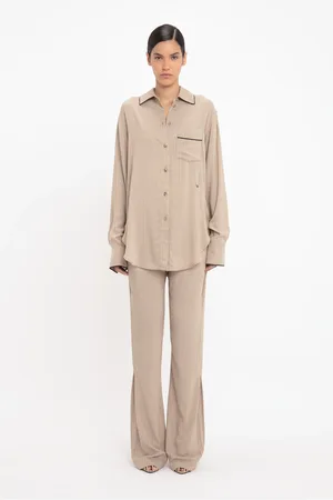 Victoria Beckham Piping Detail Pyjama Shirt In Tobacco-Midnight 10