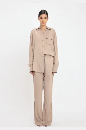 Victoria Beckham Pleat Detail Pyjama Trouser In Tobacco-Midnight 12