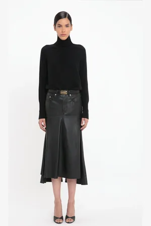 Victoria Beckham Panelled Flare Skirt In Soft Black Leather 6