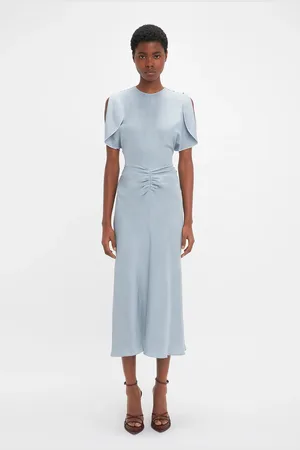Victoria Beckham Exclusive Gathered Waist Midi Dress In Pebble 4