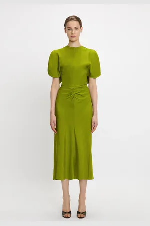 Victoria Beckham Gathered Waist Midi Dress In Parrot | 14