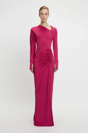 Victoria Beckham Long Sleeve Slash-Neck Gown In 12