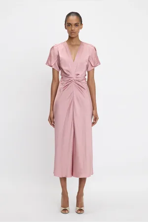 Victoria Beckham Gathered V-Neck Midi Dress In Peony 6