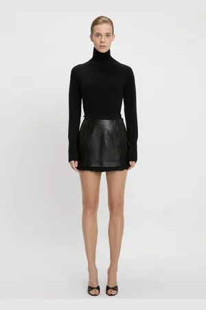 Victoria Beckham Ruched Leather Mini Skirt In Black 10