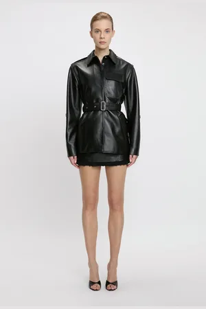 Victoria Beckham Belted Boxy Leather Jacket In Black 8