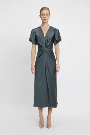 Victoria Beckham Gathered V-Neck Midi Dress In Graphite 12