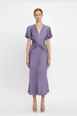 Victoria Beckham Gathered V-Neck Midi Dress In 14