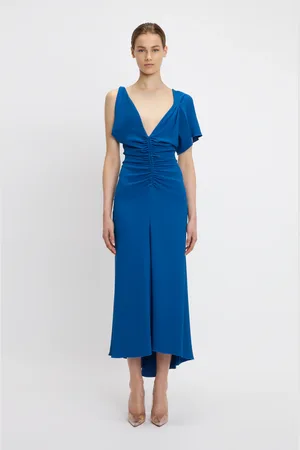 Victoria Beckham Asymmetric Ruched Detail Midi Dress In Sapphire Blue 6