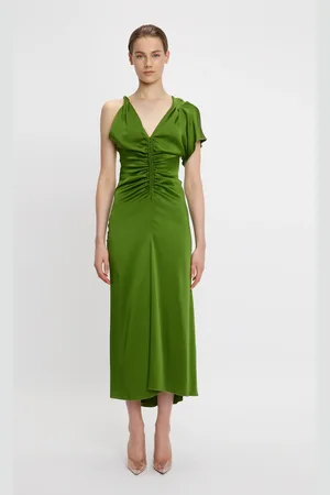 Victoria Beckham Asymmetric Ruched Detail Midi Dress In Algae 10