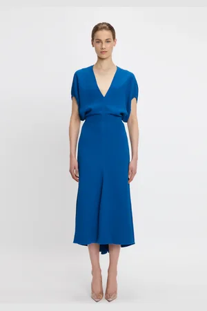 Victoria Beckham Blouson Detail Midi Dress In Sapphire Blue 10