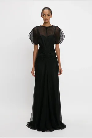 Victoria Beckham Sheer Gathered Waist Floor-Length Dress In Black 6